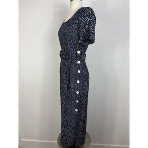 Vtg 90s Polka Dot Midi Dress 6 Navy Blue Ashley Button Side Pencil USA Rayon
